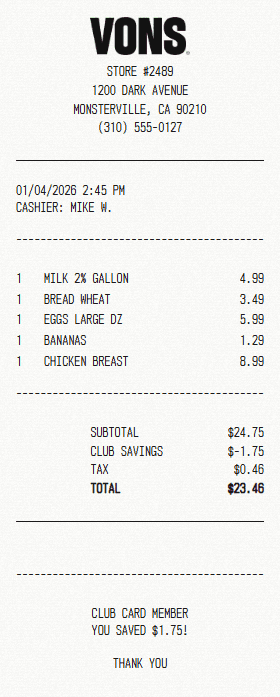 Vons receipt template