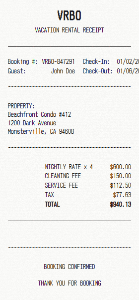 VRBO receipt template
