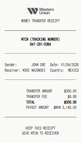 Western Union receipt template