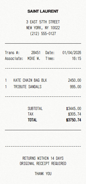 Yves Saint Laurent receipt template