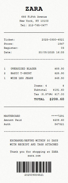 Zara receipt template