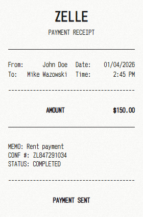 Zelle receipt template