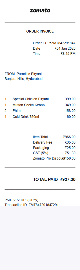 Zomato receipt template