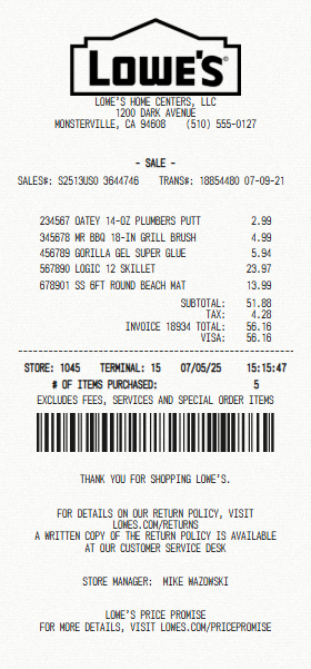 Lowe's receipt template