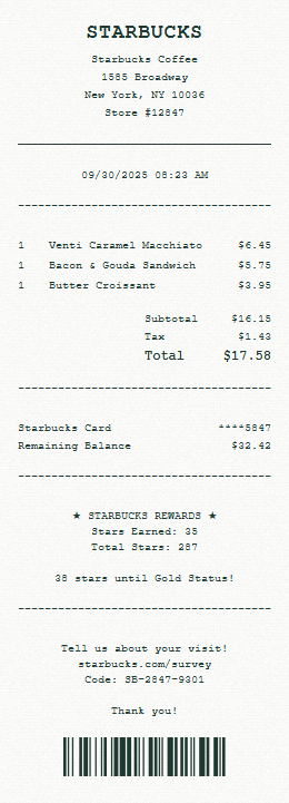 Starbucks receipt template