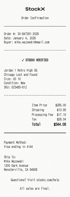 StockX receipt template