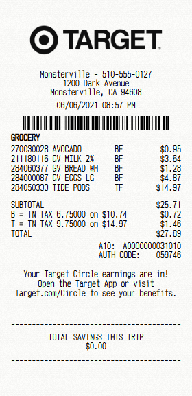 Target receipt template
